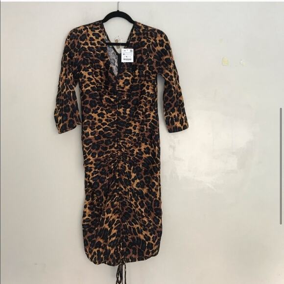 ZARA Animal Print Ruched Tie V-neck Drape Dress - Picture 3 of 6